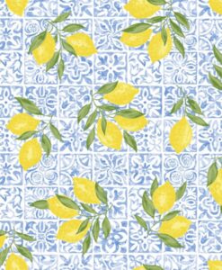Tissu coton imprimé citronier fond bleu