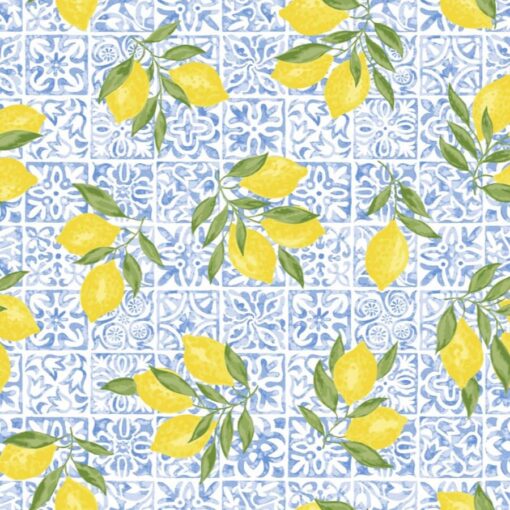 Tissu coton imprimé citronier fond bleu