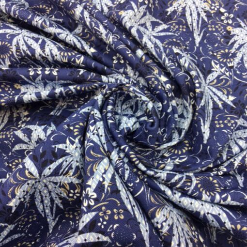 Tissu gabardine de coton palmiers bleu