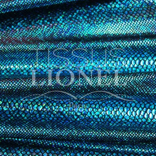 lycra pailleté serpent fond noir pailleté turquoise hologramme