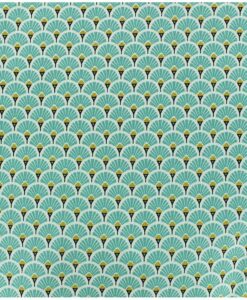 Tissu coton motif  imprimé Paon nuage bleu et or