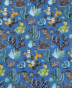 Tissu coton imprimé motif cactus bleu
