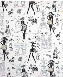 Tissu coton imprimé motif la petite robe noir Paris blanc