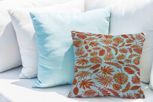 Tissu coton motif imprimé feuilles exotiques bleu ciel