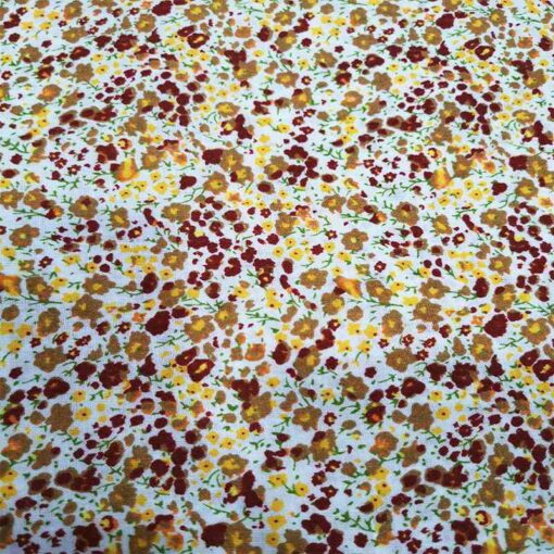 Tissu coton petite fleurs bordeaux et jaune sur fond blanc