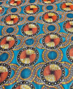 Tissu coton wax imprimé tribal turquoise orange