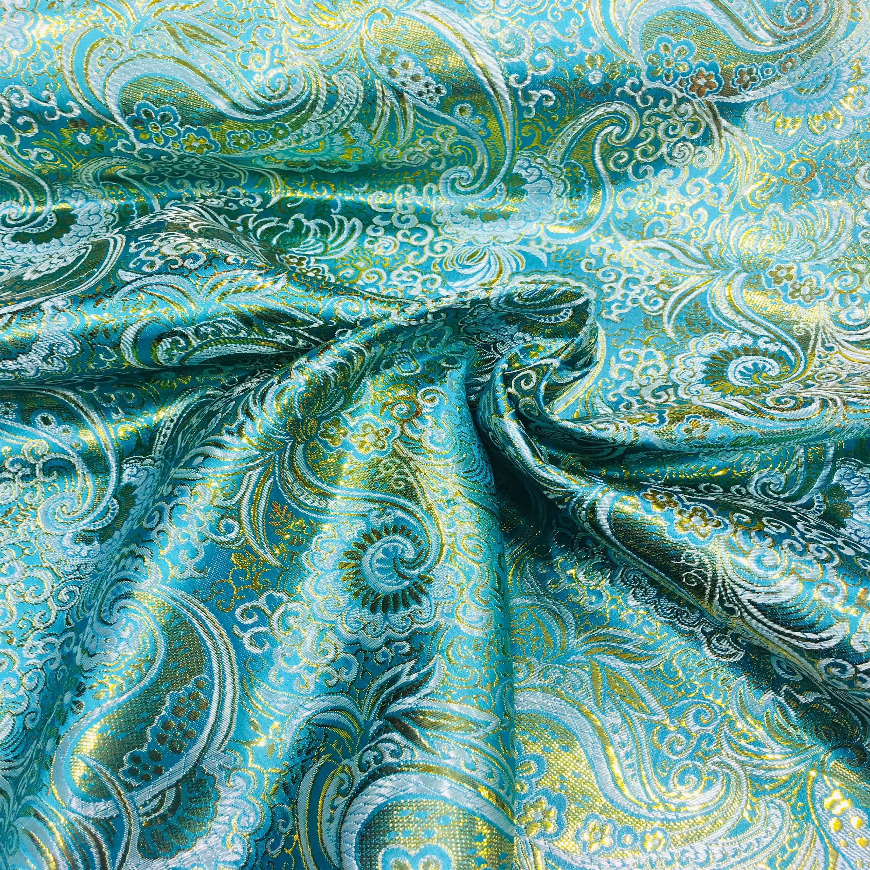 Tissu jacquard lurex turquoise et or 2 Tissus Lionel