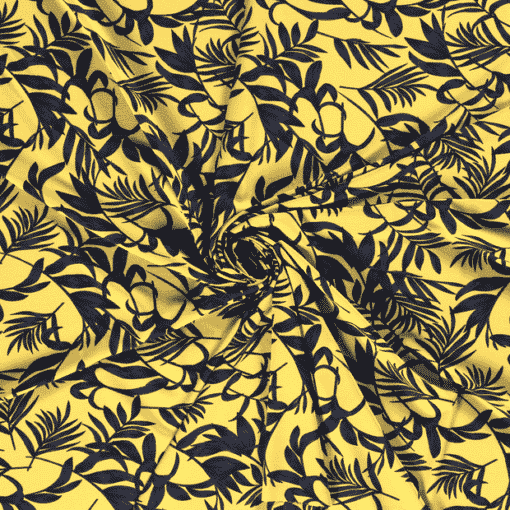 Tissu mélange polyester imprimé feuilles jaune