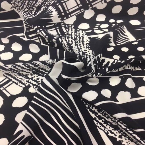 Tissu soie abstrait fond blanc motif noir