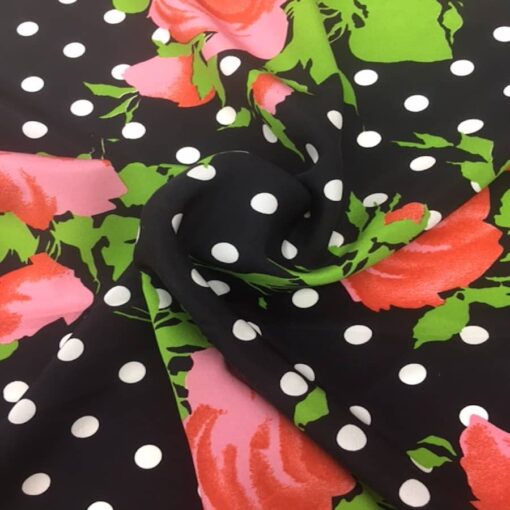 Tissu soie fond noir pois blanc fleuris