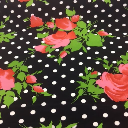 Tissu soie fond noir pois blanc fleuris