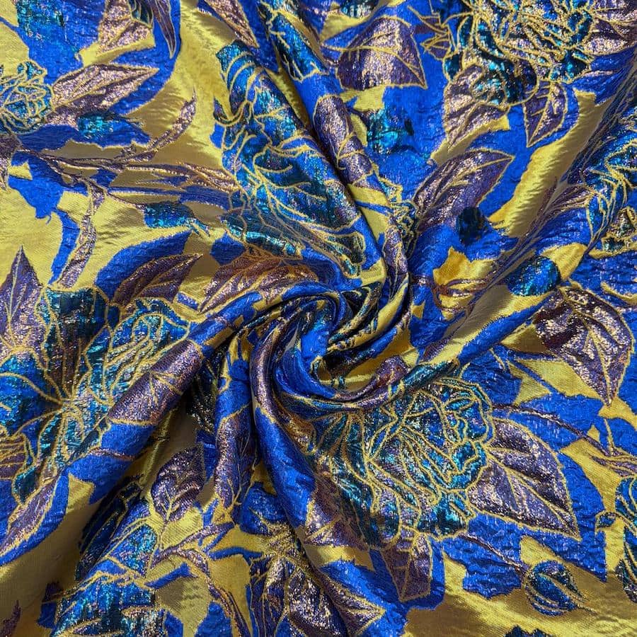 Tissus brocard palmeraie bleu royale et ochre