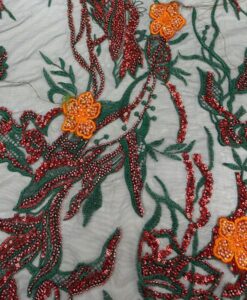 Tulle noir perlé fleuri 3D orange rouge