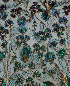 Alternative view of Tulle pailleté fleuri changeant vert et bleu or hologramme