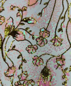 Alternative view of Tulle pailleté fleuri rose pale et or hologramme