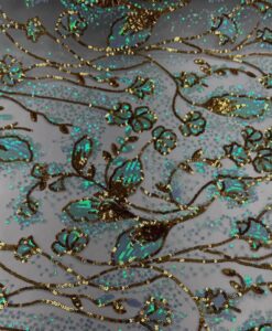 Alternative view of Tulle pailleté fleuri turquoise clair et or