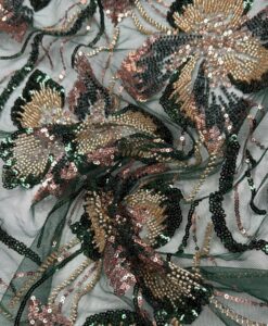 Tulle perlé fleuri vert bouteille et bronze